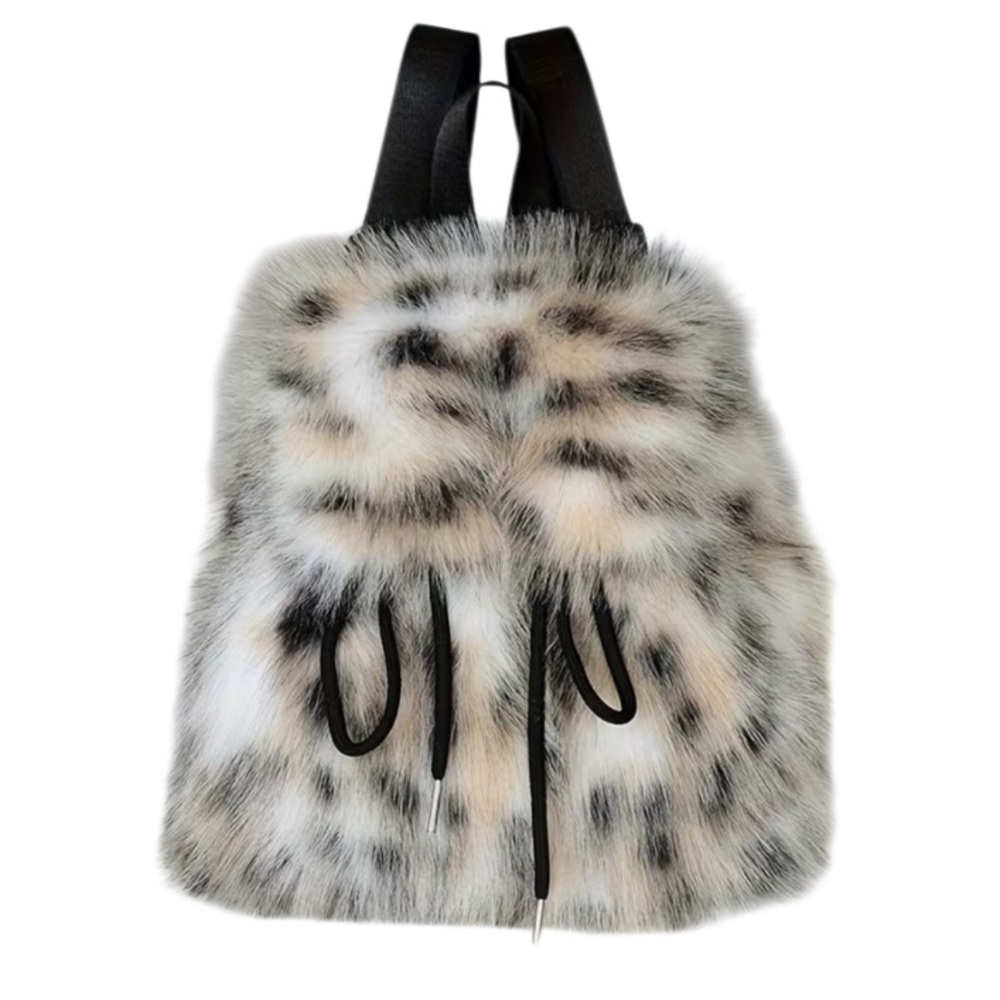 NEW Elegant Leopard Print Faux Fur Drawstring Snap Closure Backpack White Tan